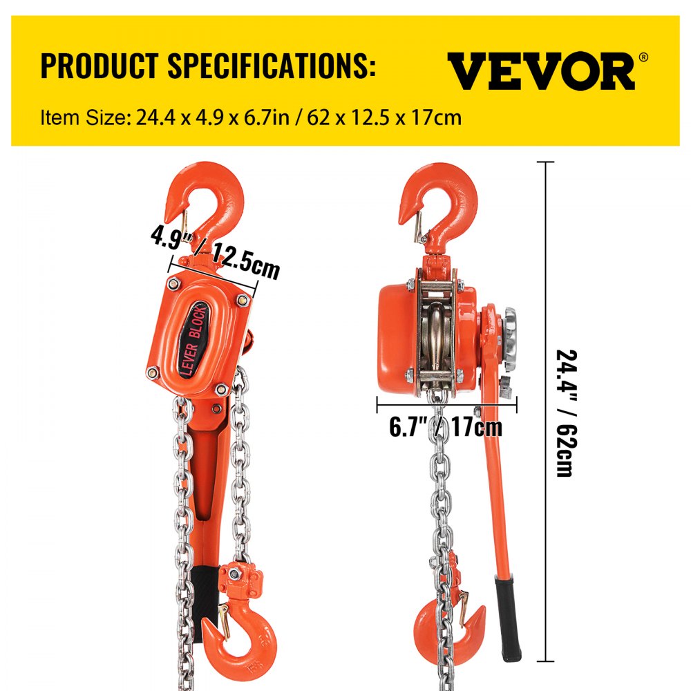 VEVOR Manual Lever Chain Hoist 3300 lbs, Chain Come Along 20 feet, Ratchet Chain Hoist 1-1/2 Ton, Come Along Puller 5/16" Diameter for Warehouse Garages Construction Zones