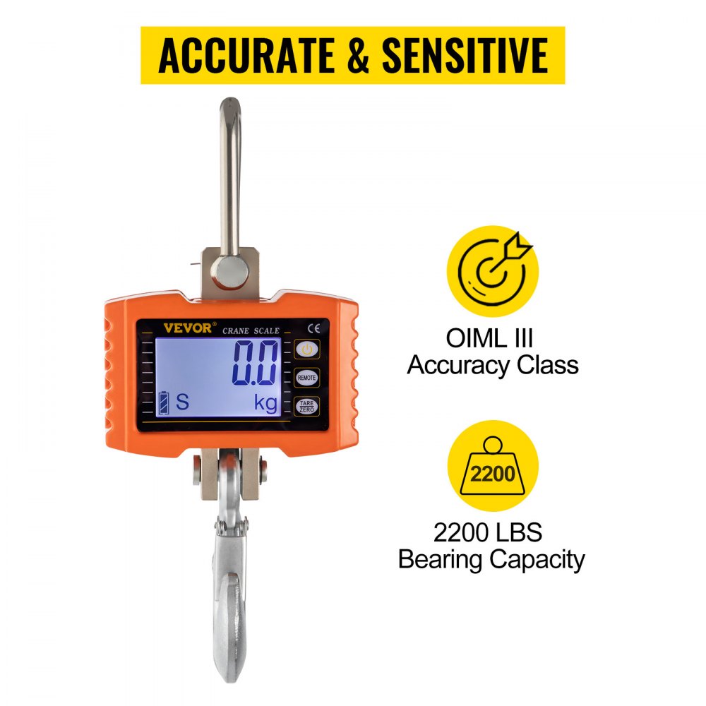 VEVOR 1000kg 2200lbs Digital Crane Scale Heavy Duty Crane Scale Aluminum Digital Hanging Scale LCD-display