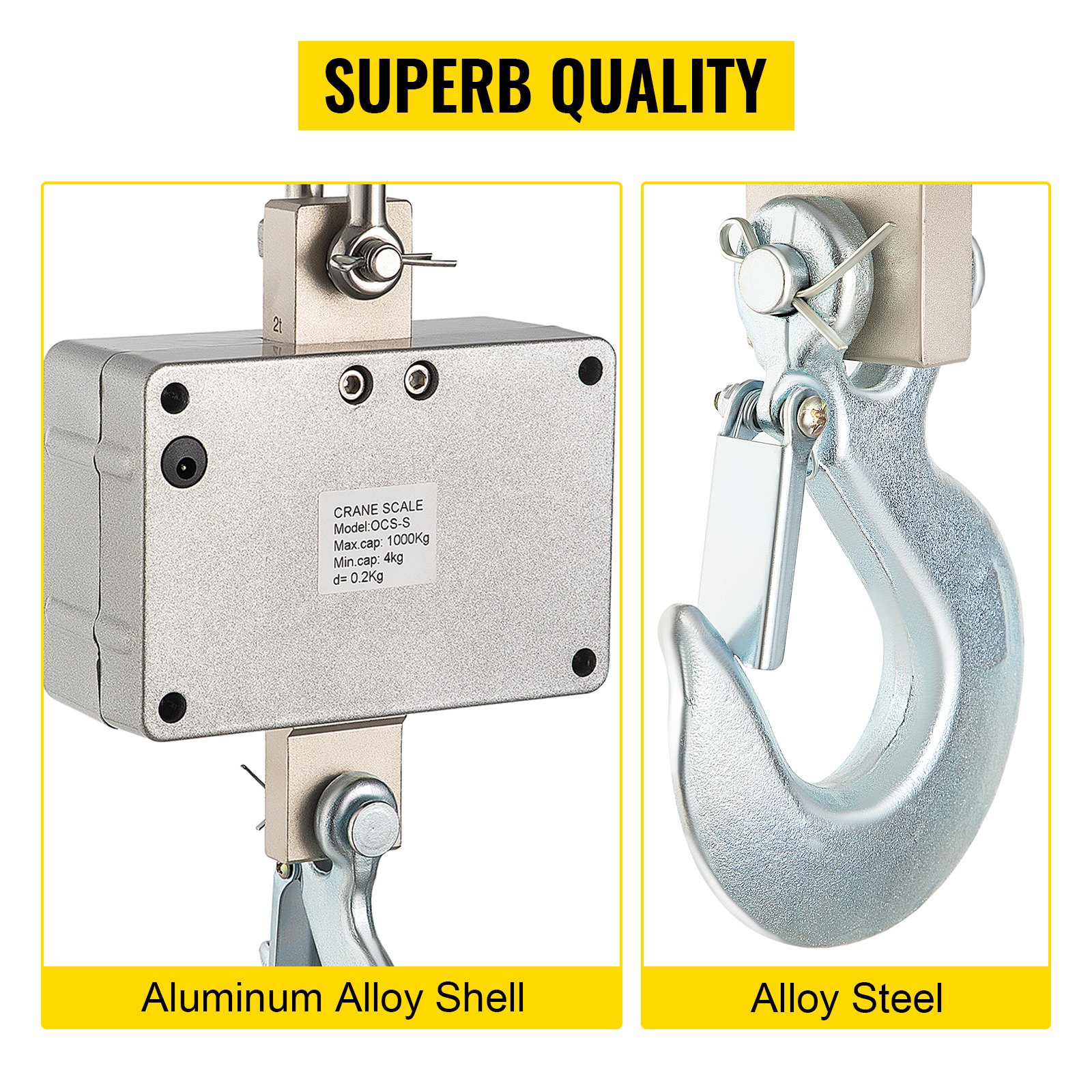 VEVOR 1000KG 2200LBS Digitální LED jeřábová váha 1T Závěsná váha pro těžké účely, stříbrný hliník, digitální jeřábová váha s LCD displejem a dálkovým ovládáním