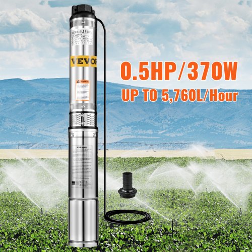 VEVOR 0.5HP/370W Submersible Bore Water Pump 1.5 m(4.9ft) Deep Well 240V Irrigation 2850RPM Stainless Steel For Rural Homes, Farms, and Cabins