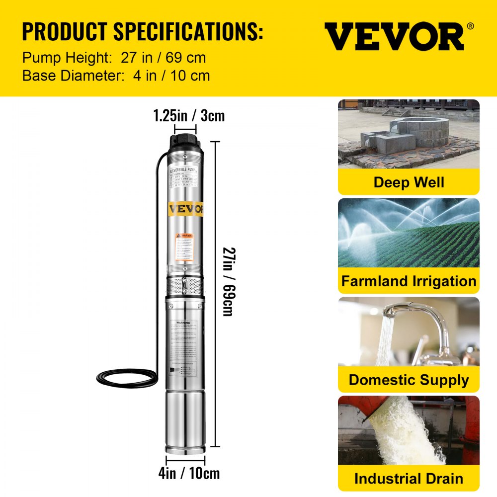 VEVOR Stainless Steel 150ft 25GPM Submersible Deep Well Pump for Industrial and Home Use, (1/2 HP 220V)