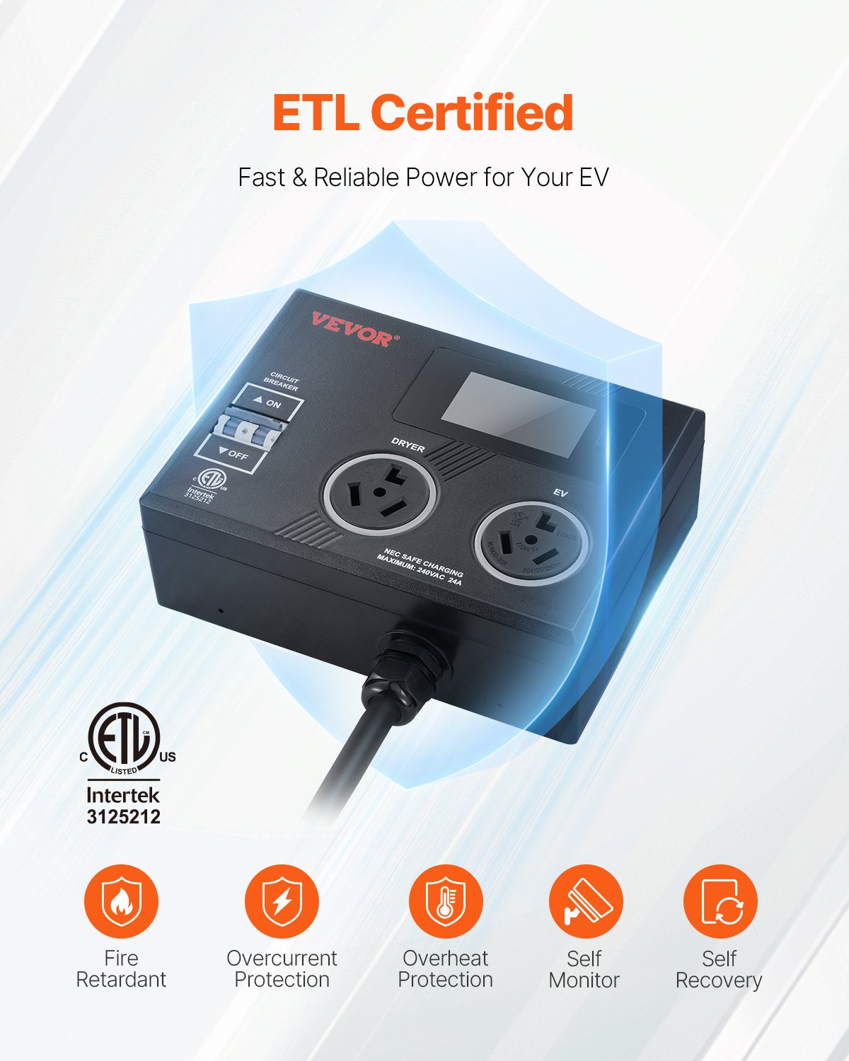 VEVOR NEMA Splitter for Dryer and EV, 3-Color LED Indicator, 240V Smart Power Distribution, With NEMA 10-30 Plug, Two NEMA 10-30 Outlets, 3.4 in LCD Screen, Max 24A Dryer EV, Tested to ETL Standard