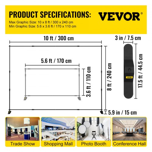 VEVOR 10 x 8 Ft Backdrop Banner Stand Adjustable Height and Width Newest Step and Repeat for Trade Show Wall Exhibitor Photo Booth Background