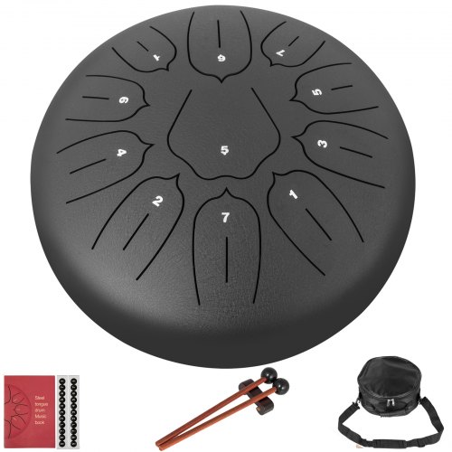 VEVOR Steel Tongue Drum 11 Notes 10 Inches Dia Tongue Drum Black Handpan Drum Notes Percussion Instrument Steel Drums Instruments with Bag, Book, Mallets, Mallet Bracket