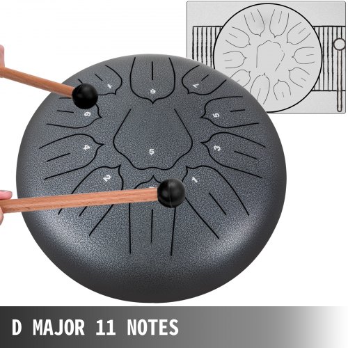 VEVOR Steel Tongue Drum 11 Notes 10 Inches Dia Tongue Drum Gun-Color Handpan Drum Notes Percussion Instrument Steel Drums Instruments with Bag, Book, Mallets, Mallet Bracket
