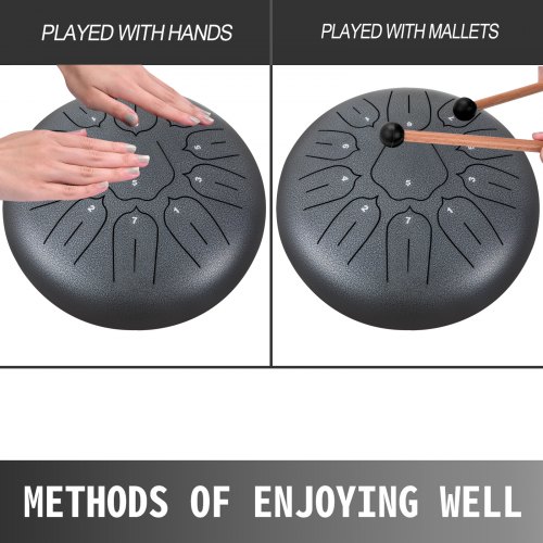 VEVOR Steel Tongue Drum 11 Notes 10 Inches Dia Tongue Drum Gun-Color Handpan Drum Notes Percussion Instrument Steel Drums Instruments with Bag, Book, Mallets, Mallet Bracket