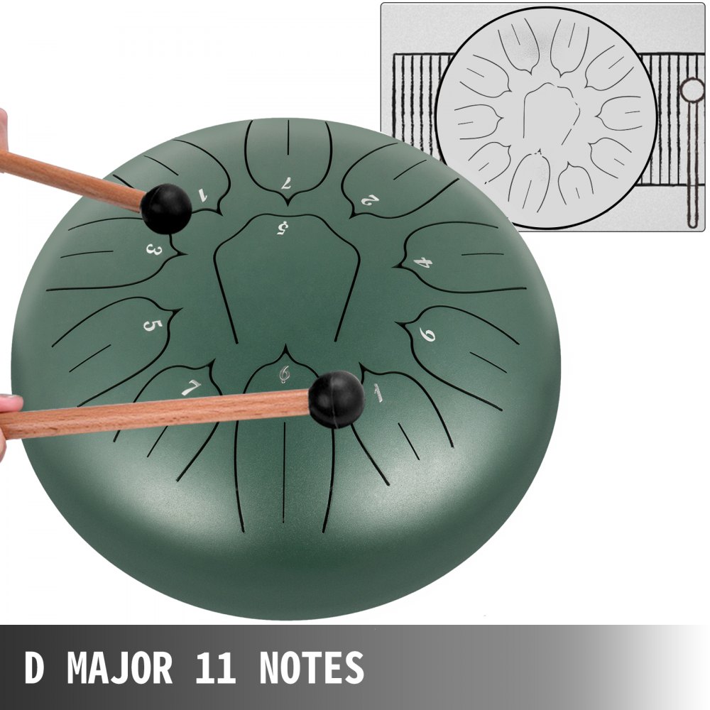 Tambor de lengua de acero VEVOR, 11 notas, 10 pulgadas de diámetro, tambor de lengua verde mineral, tambor de mano, notas, instrumento de percusión, tambores de acero, instrumentos con bolsa, libro, mazos, soporte de mazo