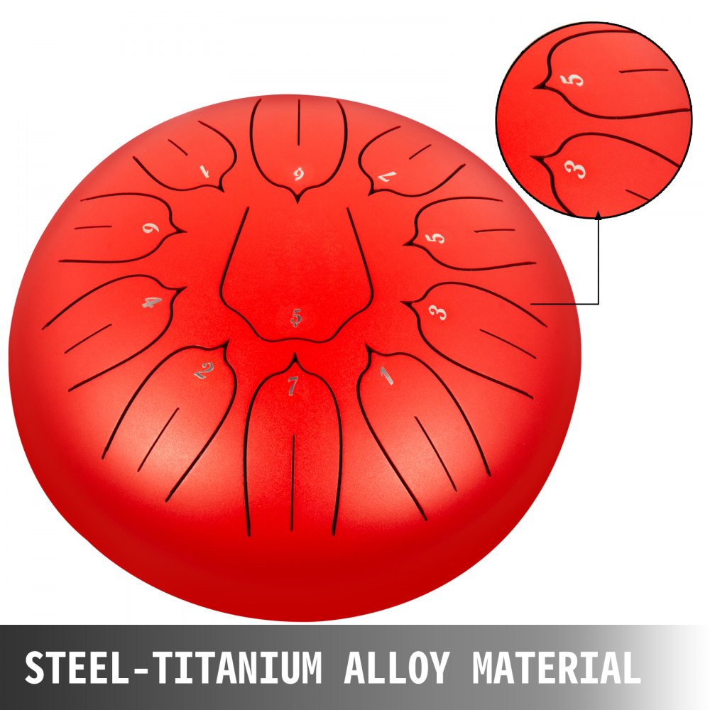 VEVOR Steel Tongue Drum 11 Notes 10 Inches Dia Lotus type Tongue Drum Mineral Red Handpan Drum Notes Percussion Instrument Steel Drums Instruments with Bag, Book, Mallets, Mallet Bracket