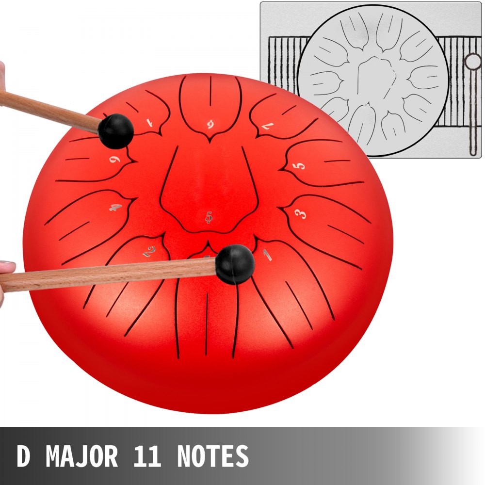 VEVOR Steel Tongue Drum 11 Notes 10 Inches Dia Lotus type Tongue Drum Mineral Red Handpan Drum Notes Percussion Instrument Steel Drums Instruments with Bag, Book, Mallets, Mallet Bracket