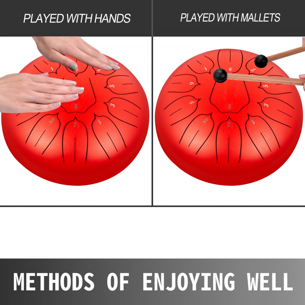 VEVOR Steel Tongue Drum 11 Notes 10 Inches Dia Lotus type Tongue Drum Mineral Red Handpan Drum Notes Percussion Instrument Steel Drums Instruments with Bag, Book, Mallets, Mallet Bracket
