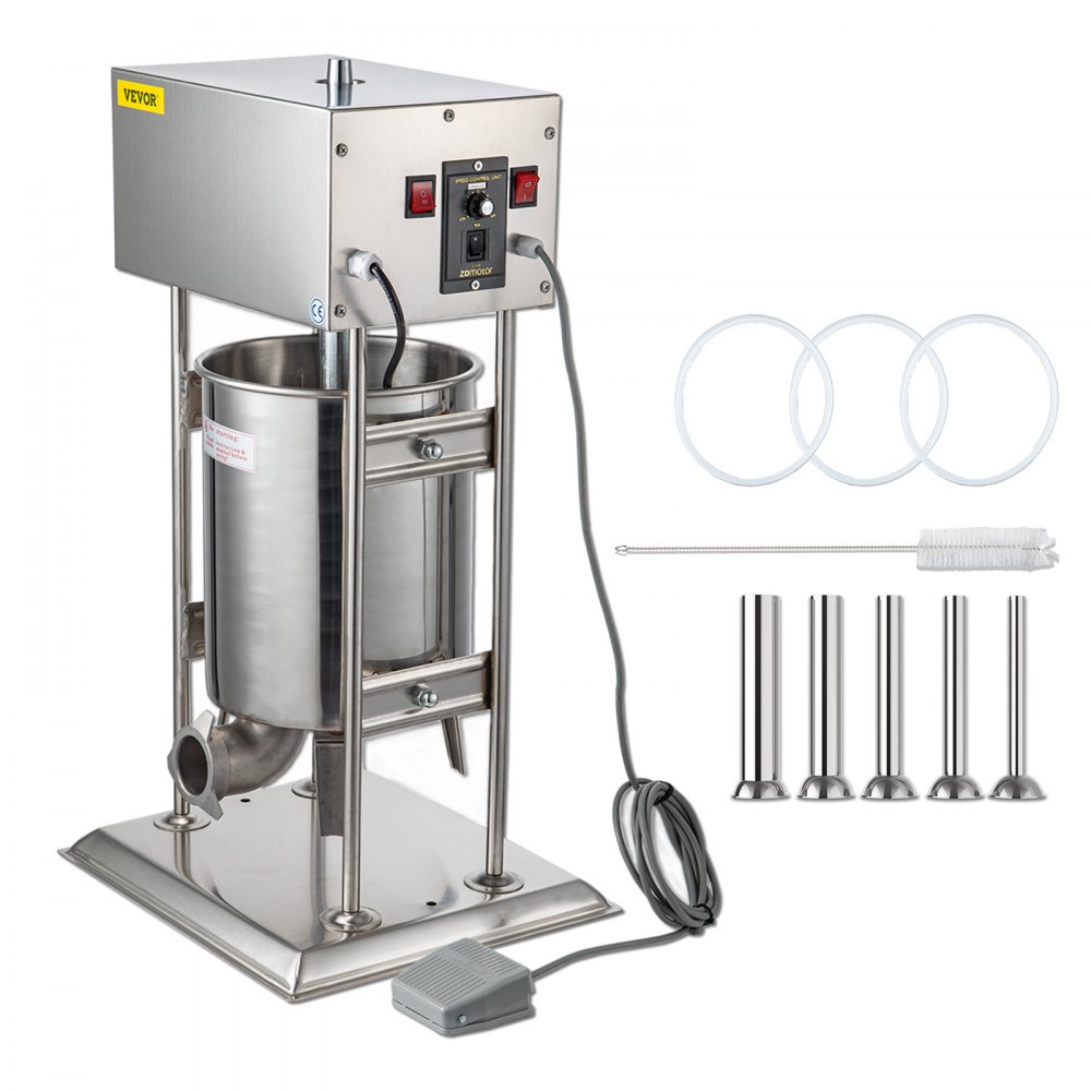 Máquina comercial automática para fazer salsichas VEVOR Elétrica de qualidade alimentar em aço inoxidável 10 L 22 lbs Máquina para encher salsichas vertical com 4 funis de enchimento