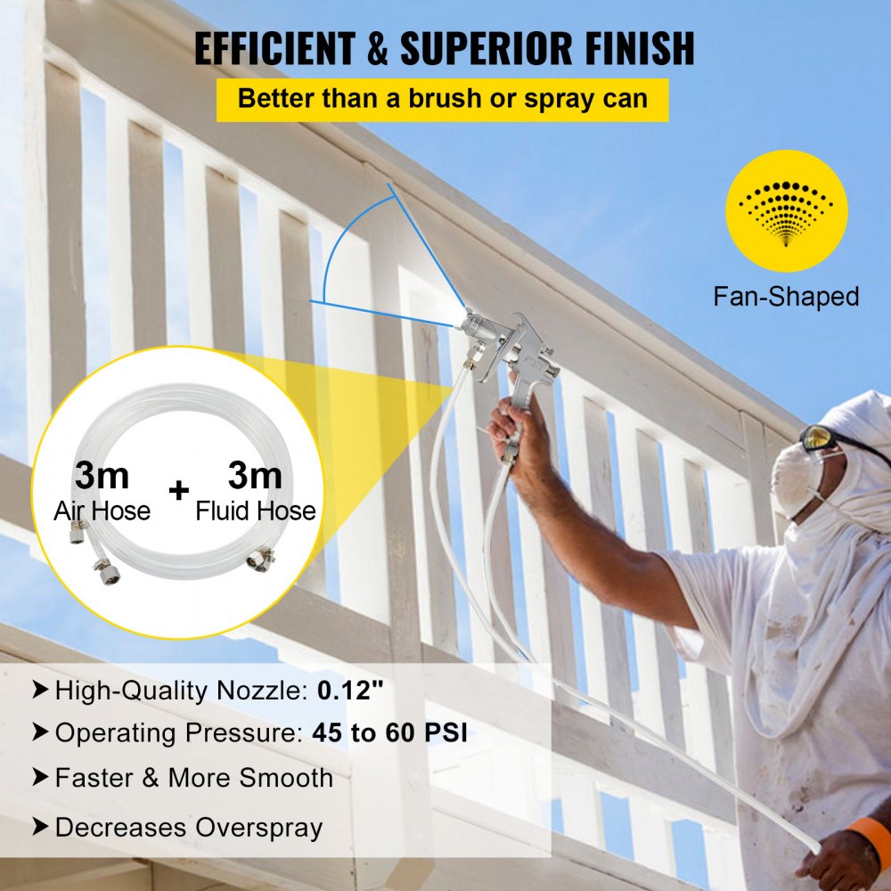 painter using VEVOR paint tank with air and fluid hoses, ensuring efficient finish.