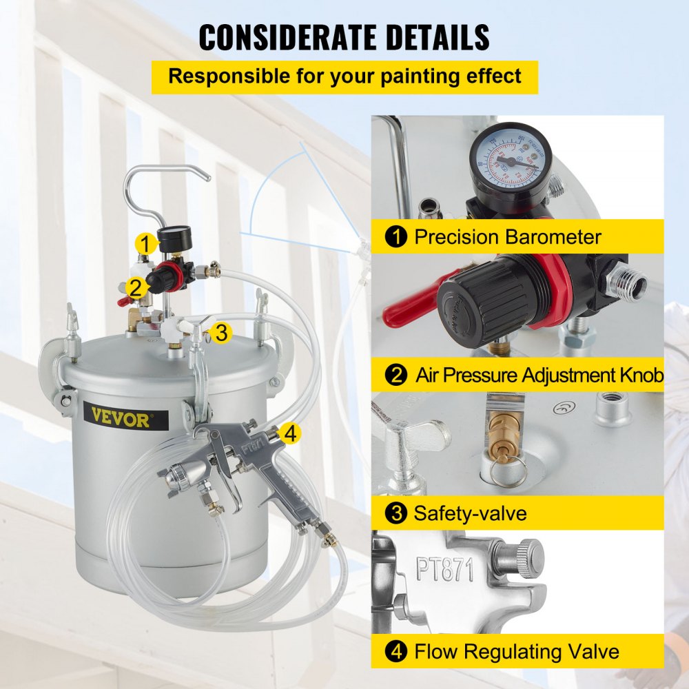 VEVOR paint tank with precision barometer and air pressure adjustment knob.