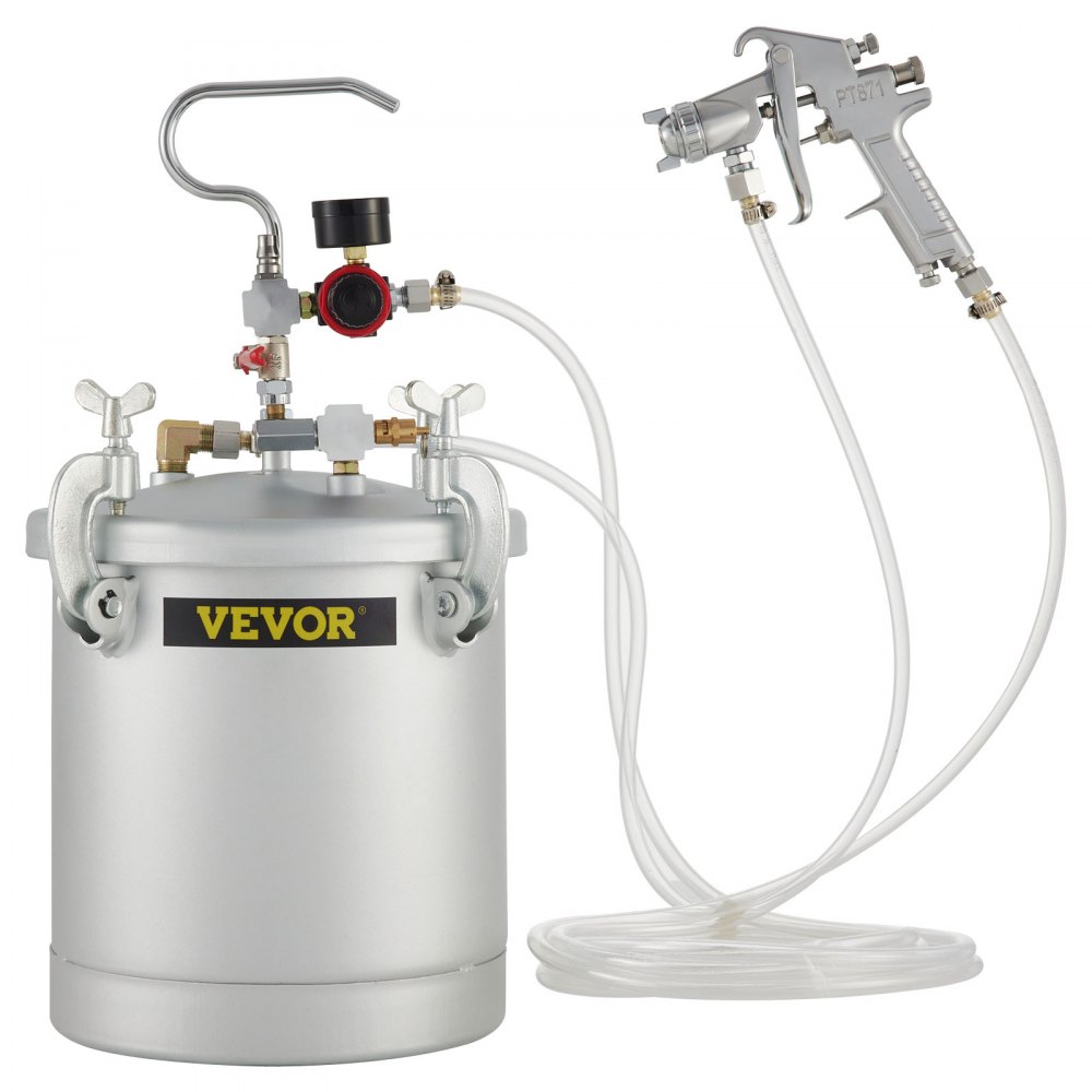 VEVOR paint tank with attached spray gun and hoses.