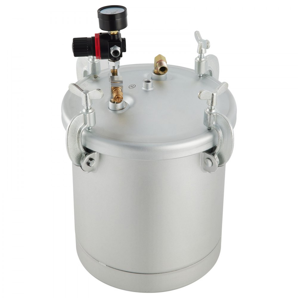 VEVOR paint tank with pressure gauge and secure locking clamps.