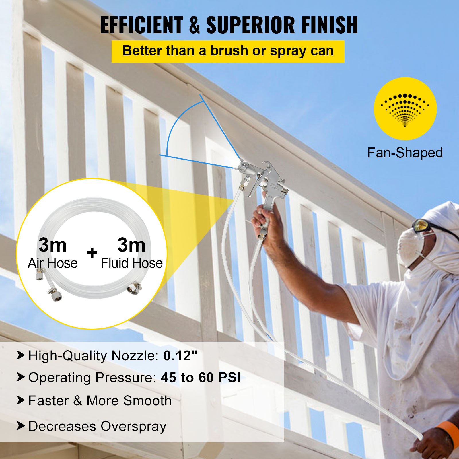 painter using VEVOR paint tank with air and fluid hoses, ensuring efficient finish.