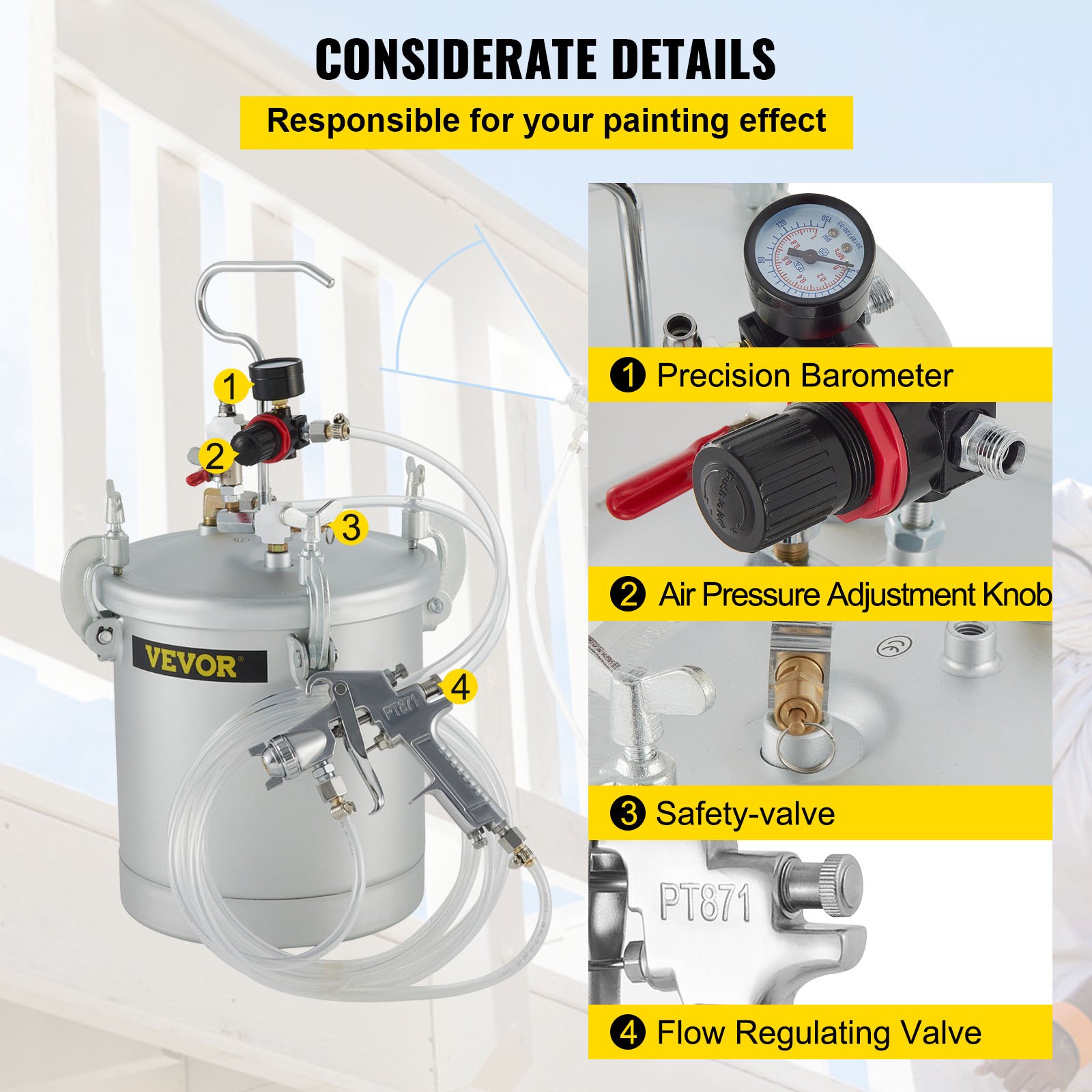 VEVOR paint tank with precision barometer and air pressure adjustment knob.