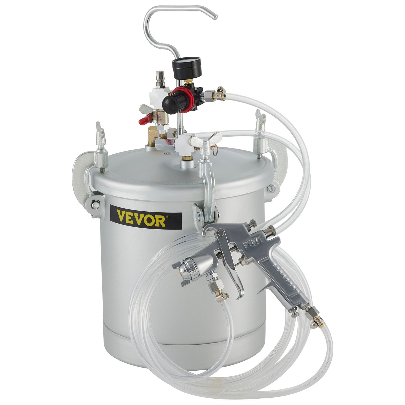 VEVOR paint tank with attached spray gun and pressure gauge, silver finish.