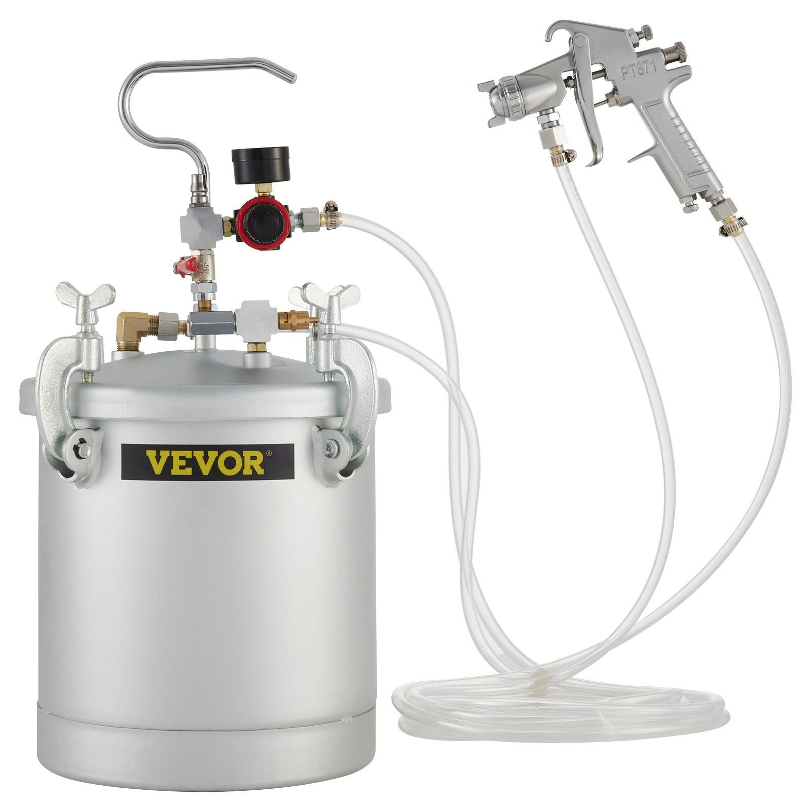 VEVOR paint tank with attached spray gun and hoses.