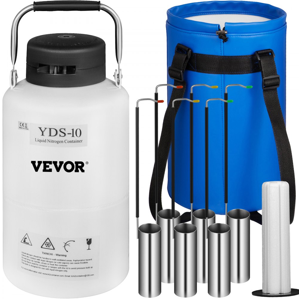 VEVOR 10L Liquid Nitrogen Container Cryogenic Container LN2 Tank Dewar with Straps 6pcs Canisters for Lab