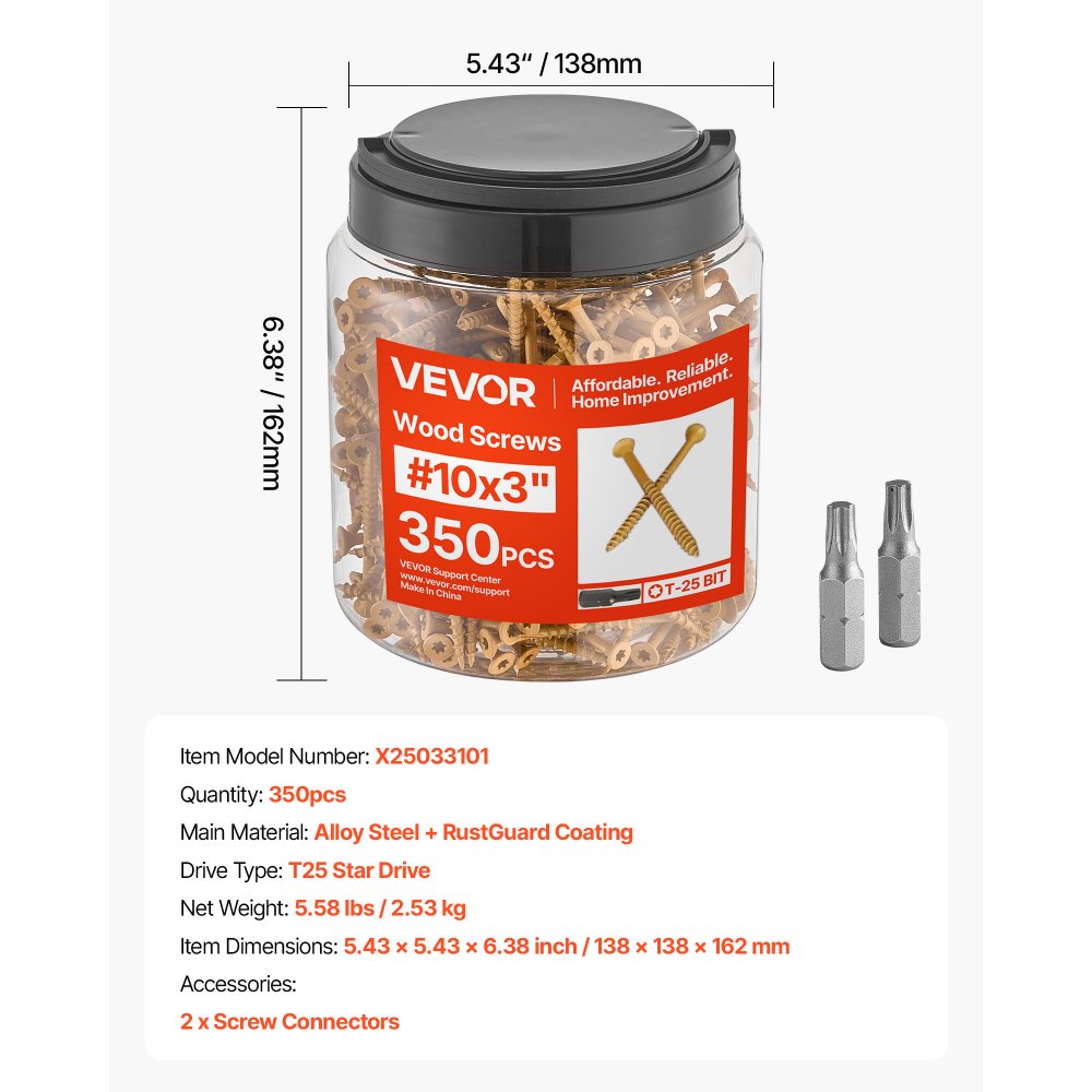 VEVOR Wood Screws 350 PCS, #10 x 3-Inch Anti-Rust Coated, Exterior Deck Screw Torx/T25 Star Drive, Metal Rust-Resistant Outdoor Decking Screws with 2 Screw Connectors, for Decking Fencing Framing