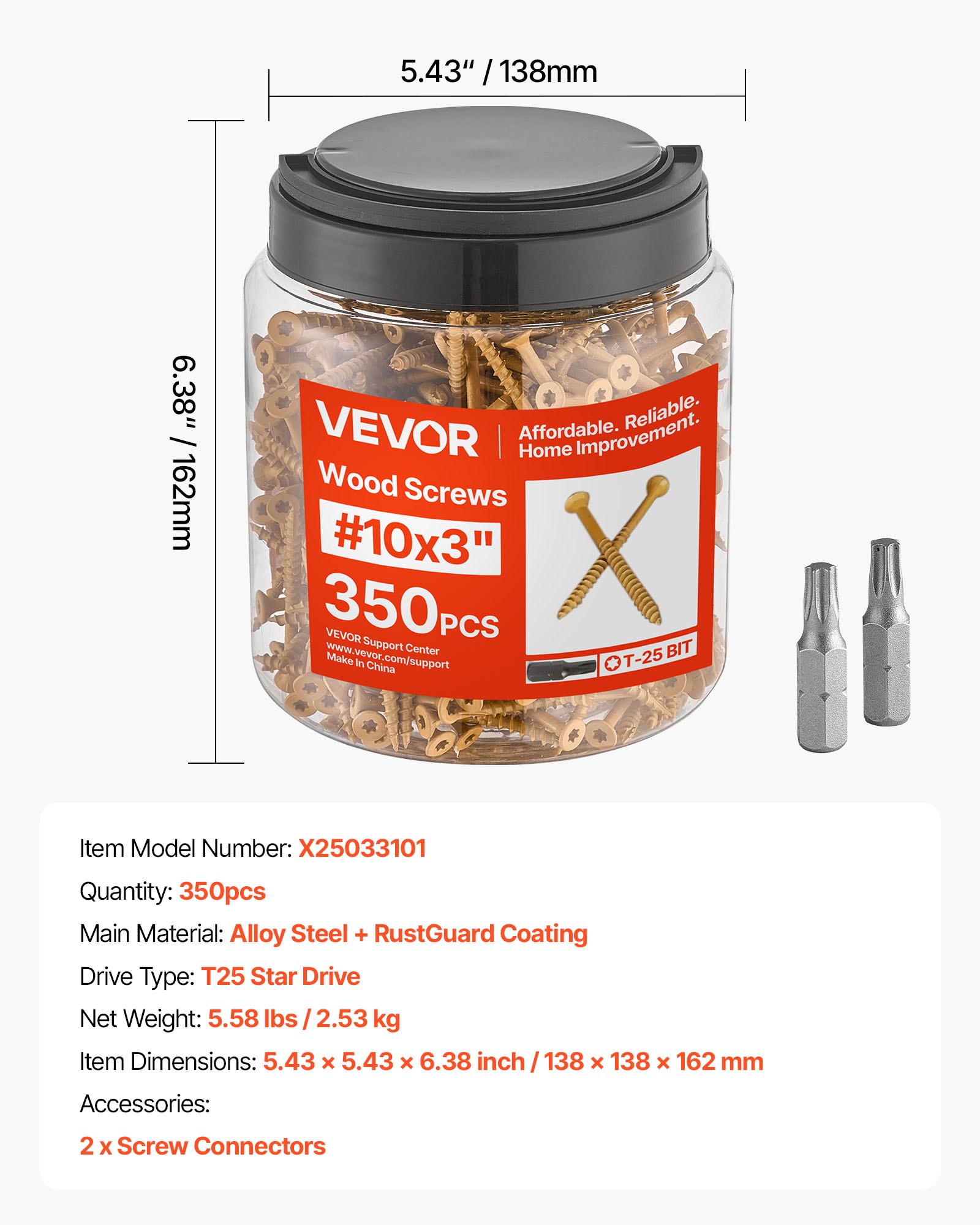VEVOR Wood Screws 350 PCS, #10 x 3-Inch Anti-Rust Coated, Exterior Deck Screw Torx/T25 Star Drive, Metal Rust-Resistant Outdoor Decking Screws with 2 Screw Connectors, for Decking Fencing Framing