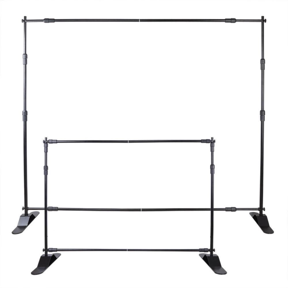 adjustable VEVOR backdrop banner stand with black metal frame and sturdy base.