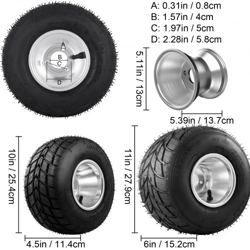 VEVOR Go Kart Tires and Rims 10x4.50-5 Front 11x6.0-5 Rear Go Kart Wheels and Tires Sets of 4