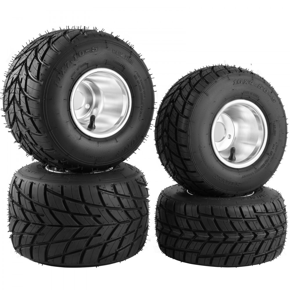 four VEVOR go kart tires with silver rims, arranged in two stacked sets.