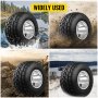 VEVOR go kart tires in water, dirt, rocky terrain, and snow with "widely used" text.