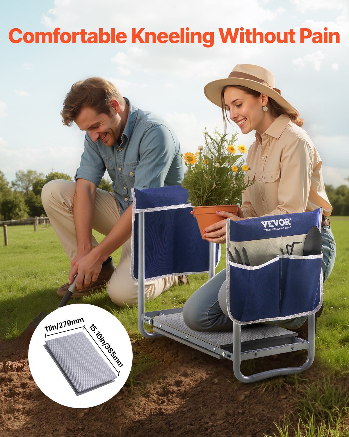 VEVOR Garden Kneeler and Seat, 11 in Wide Kneeling Pad, Heavy Duty Garden Kneeling Stool, Folding Garden Seat with 2 Tool Bags, Relieve Knee & Back Pain, Non-Slip Garden Bench for Women Grandparents