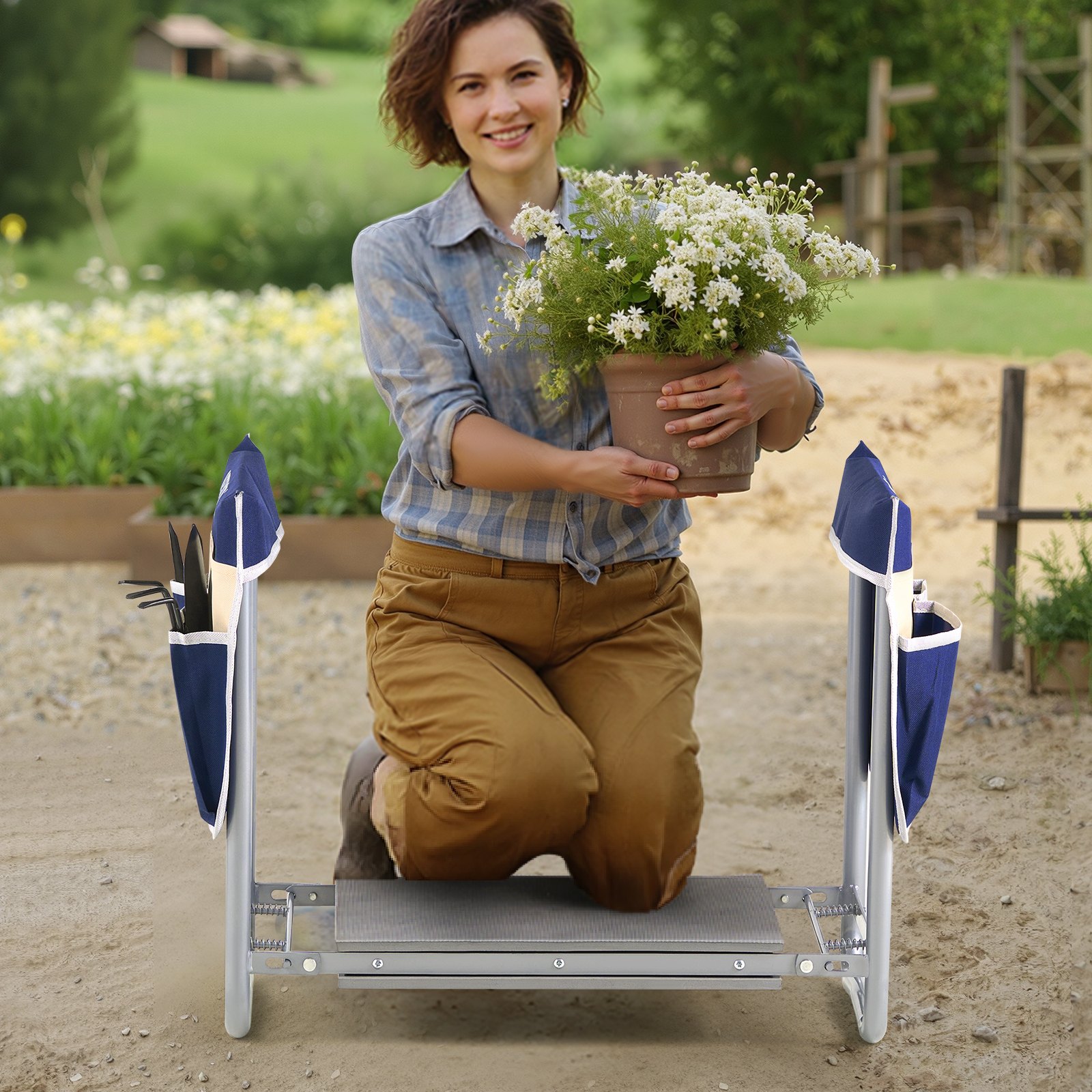 VEVOR Garden Kneeler and Seat, 11 in Wide Kneeling Pad, Heavy Duty Garden Kneeling Stool, Folding Garden Seat with 2 Tool Bags, Relieve Knee & Back Pain, Non-Slip Garden Bench for Women Grandparents