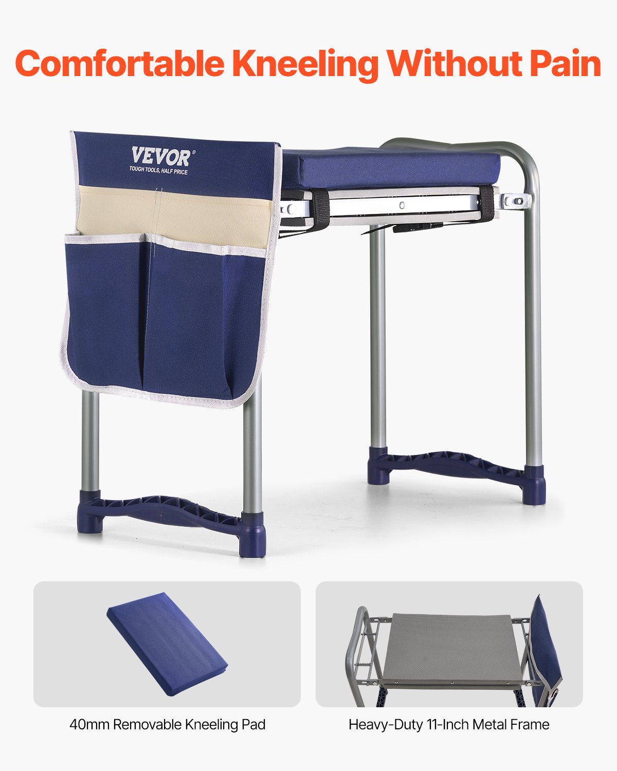 VEVOR Garden Kneeler and Seat, 11 in Wide Thick Kneeling Pad, Heavy Duty Garden Kneeling Stool, Folding Garden Seat with 1 Tool Bag, Relieve Knee & Back Pain, Non-Slip Garden Bench for Grandparents