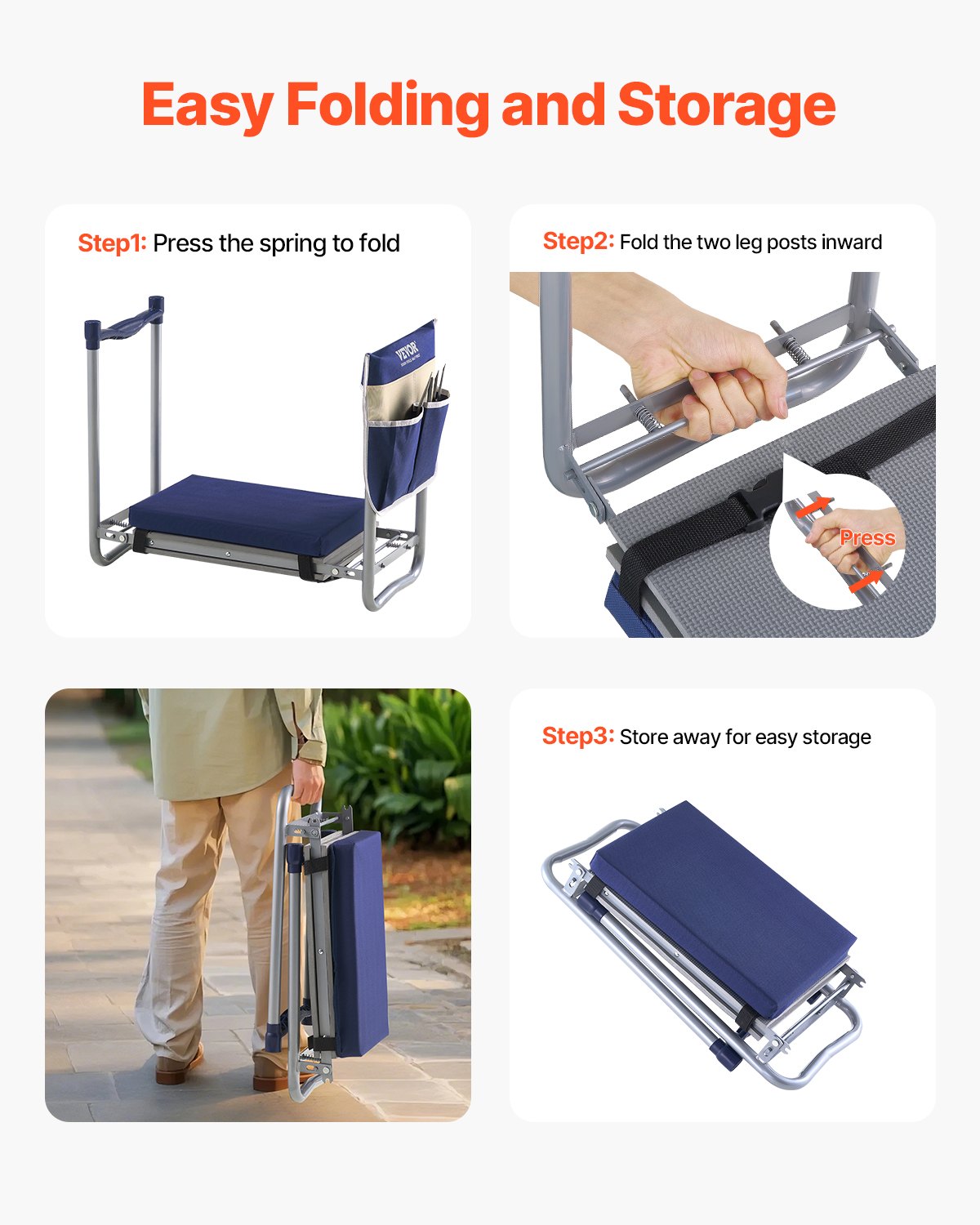 VEVOR Garden Kneeler and Seat, 11 in Wide Thick Kneeling Pad, Heavy Duty Garden Kneeling Stool, Folding Garden Seat with 1 Tool Bag, Relieve Knee & Back Pain, Non-Slip Garden Bench for Grandparents