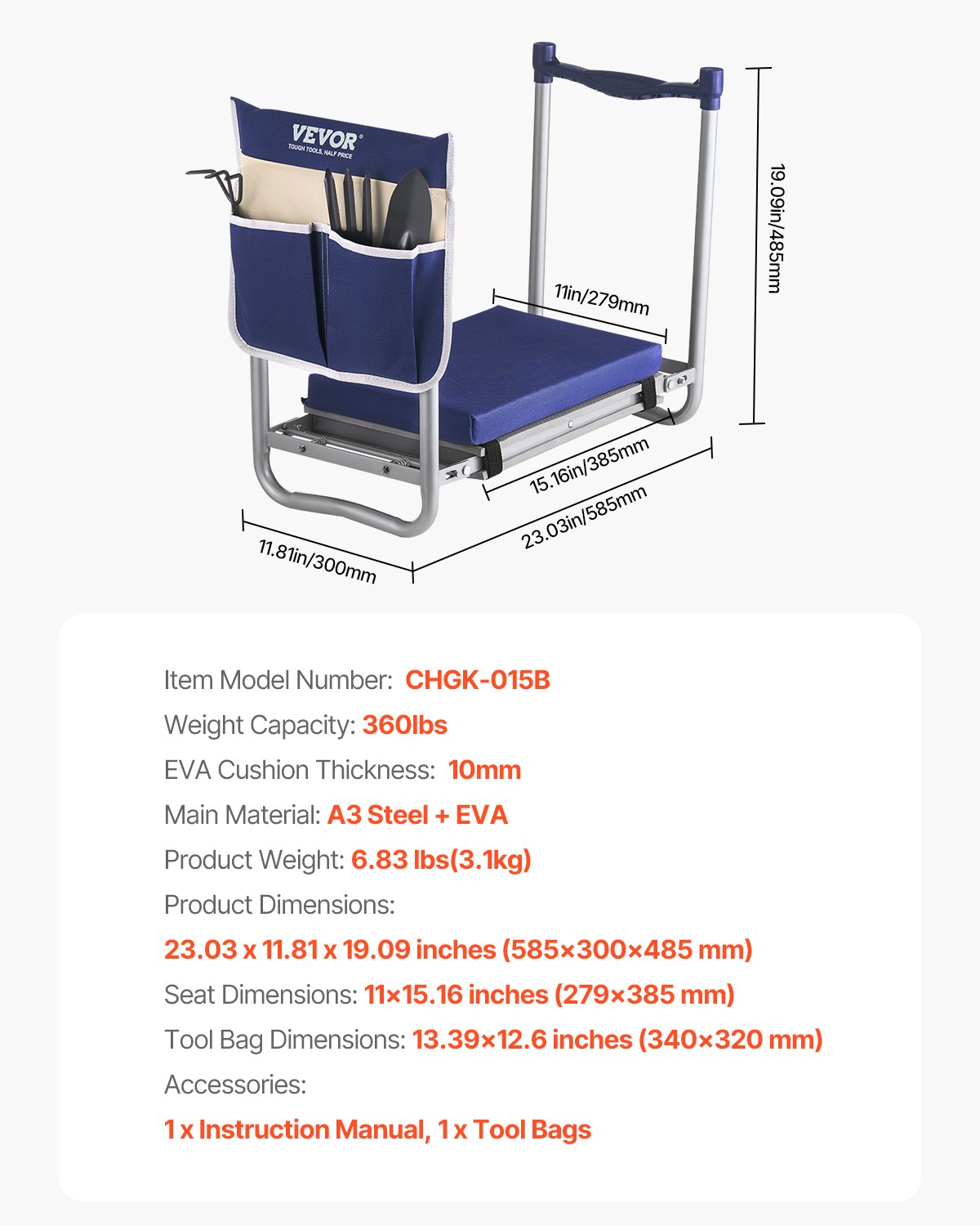 VEVOR Garden Kneeler and Seat, 11 in Wide Thick Kneeling Pad, Heavy Duty Garden Kneeling Stool, Folding Garden Seat with 1 Tool Bag, Relieve Knee & Back Pain, Non-Slip Garden Bench for Grandparents