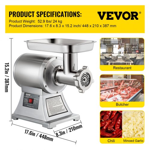 VEVOR Commercial Meat Grinder,550LB/h 1100W Electric Sausage Stuffer, 220 RPM Heavy Duty Stainless Steel Industrial Meat Mincer w/2 Blades, Grinding Plates & Stuffing Tubes