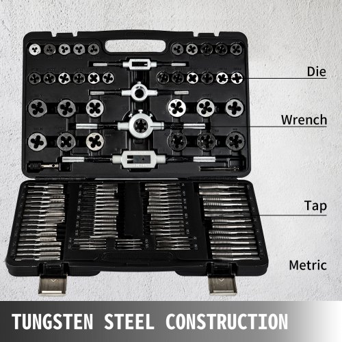 VEVOR Tap and Dies Set 110 Pieces Tap Die Set Both SAE inch and Metric Sizes Included Tungsten Steel  Essential Threading and Rethreading Tool Kit with Complete Accessories and Storage Case