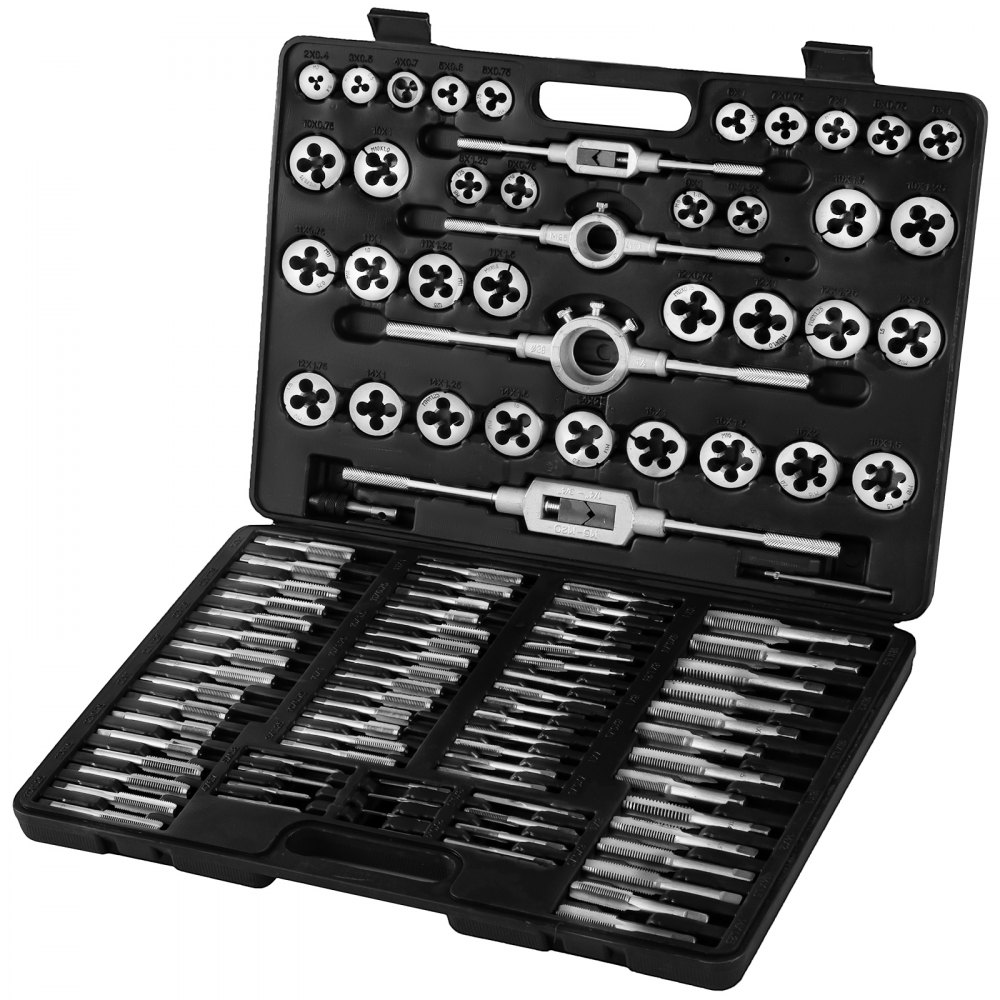 VEVOR Juego de machos y matrices de 110 piezas, incluye juego de machos y matrices métricos M2-M18, juegos de machos y matrices de titanio de acero de tungsteno con estuche de almacenamiento, juego de machos y matrices grandes para cortar roscas externas e internas