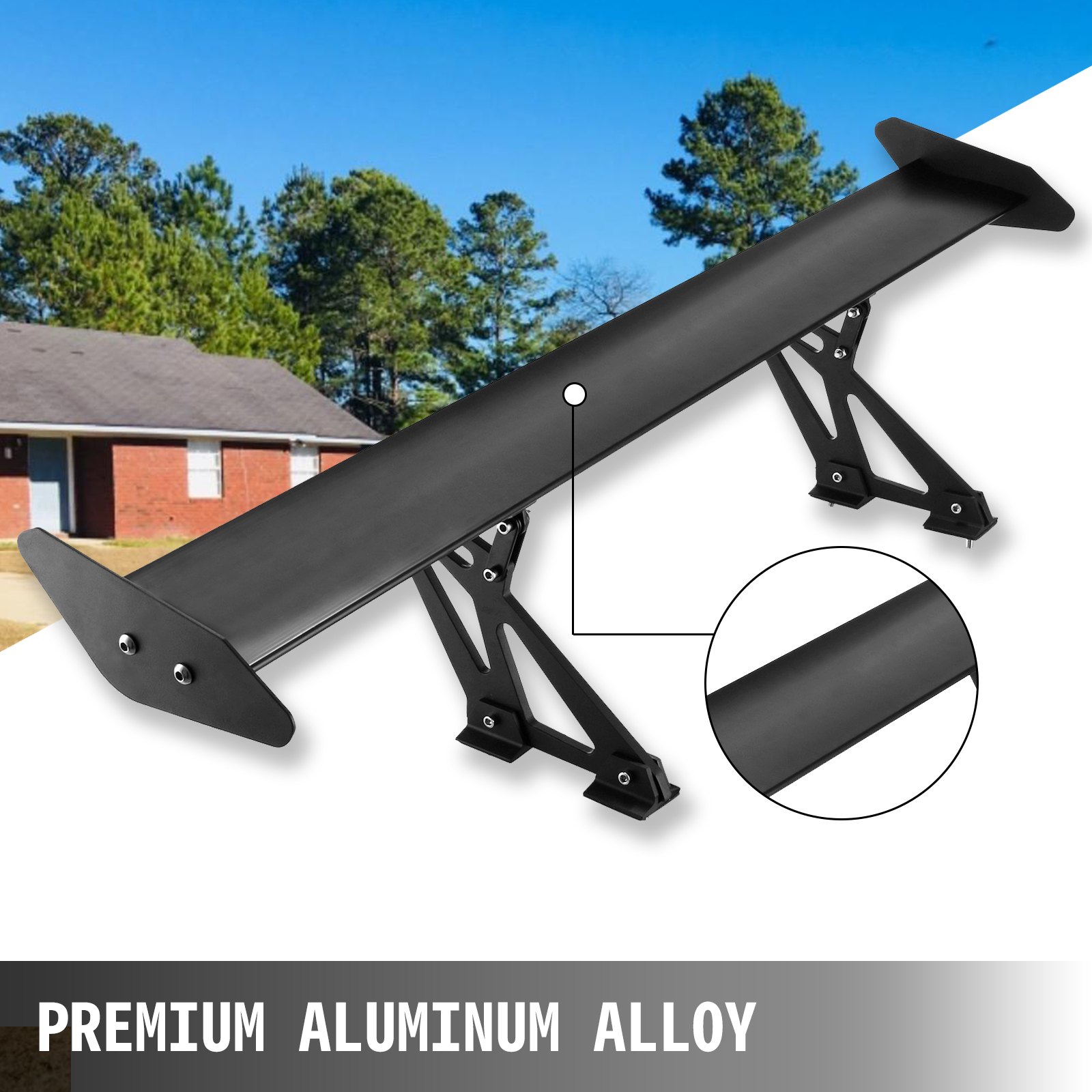 VEVOR gt wing car spoiler in premium black aluminum alloy against blue sky.