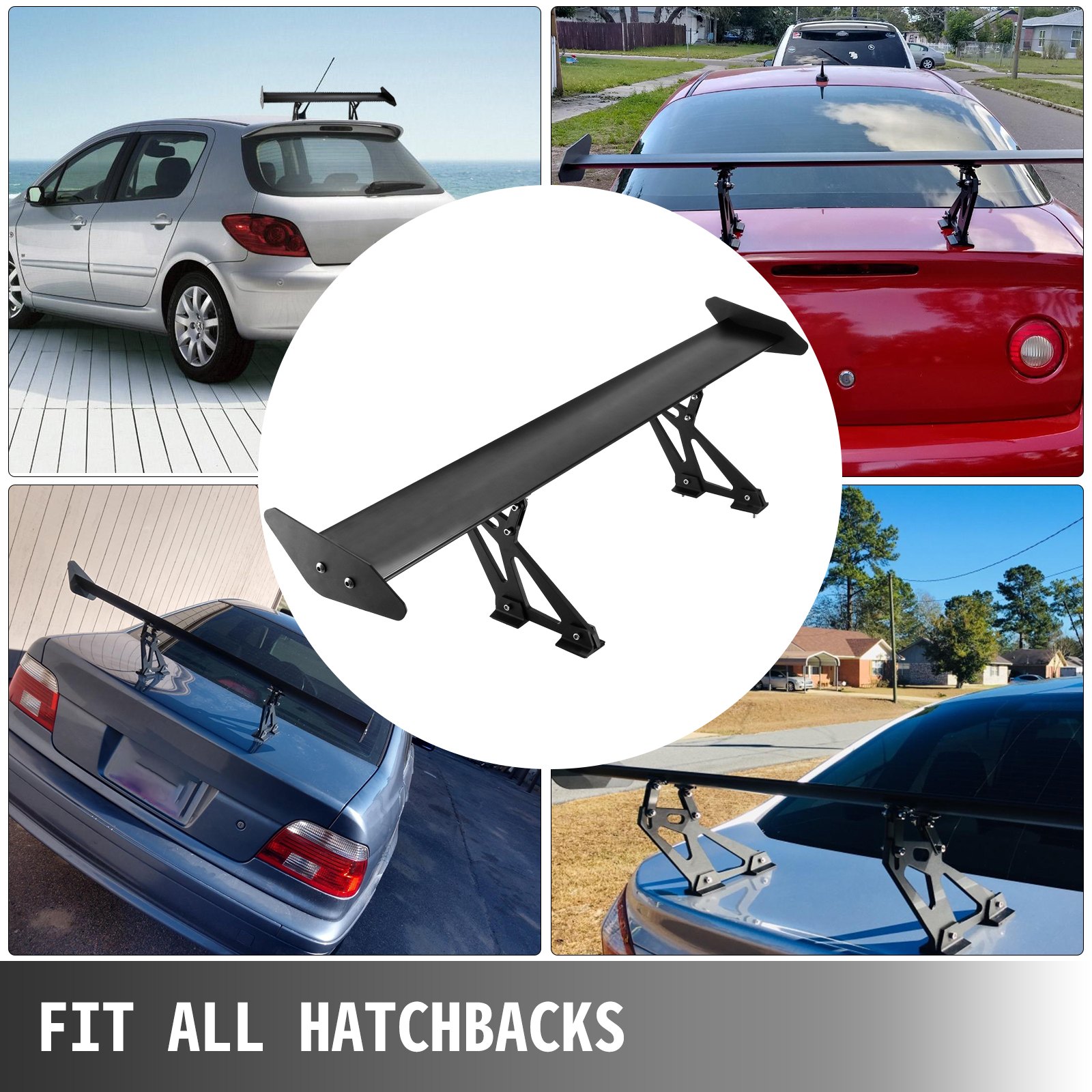 VEVOR gt wing car spoiler fits all hatchbacks, showcasing various installations.