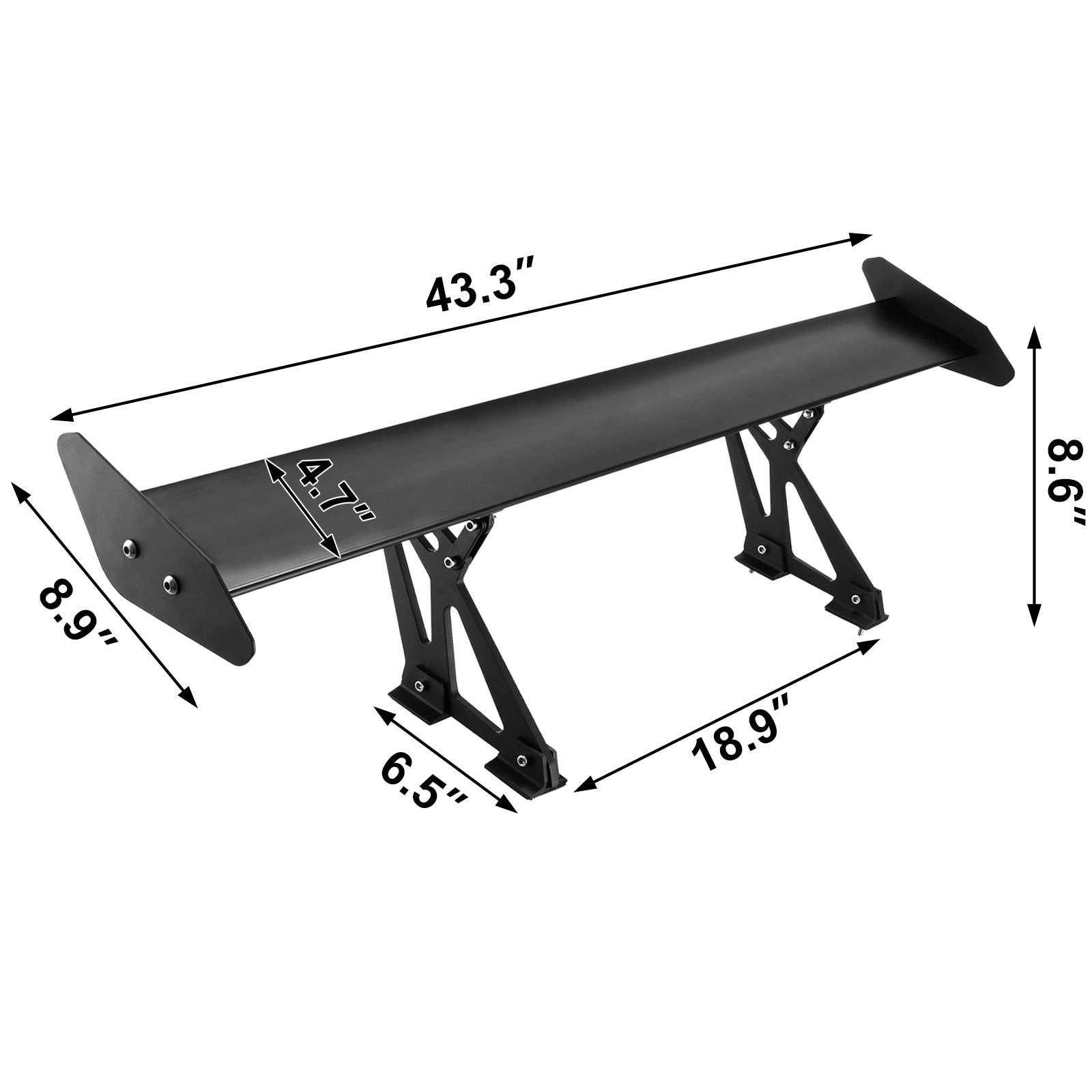 VEVOR gt wing car spoiler with dimensions labeled: 43.3&quot;x8.9&quot;x8.6&quot;.
