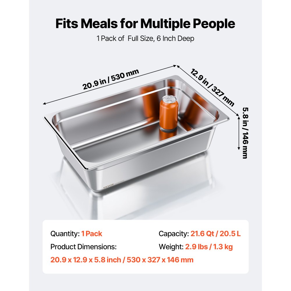 VEVOR 1 Pack Stainless Steam Hotel Pan, Full Size Table Steam Pan, 6 Inch Deep Anti Jam Restaurant Supplies Reusable Rustproof Catering Storage for Home, Party, Restaurant, Hotel, Buffet