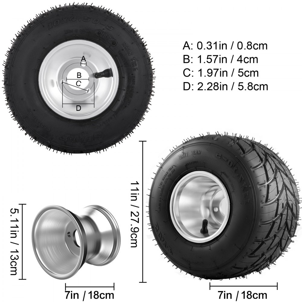 VEVOR go kart tires and rims with detailed measurements and close-up of rims.