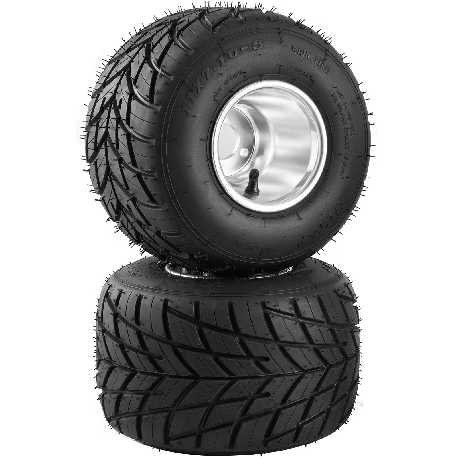 VEVOR go kart tires and rims with tread pattern stacked.