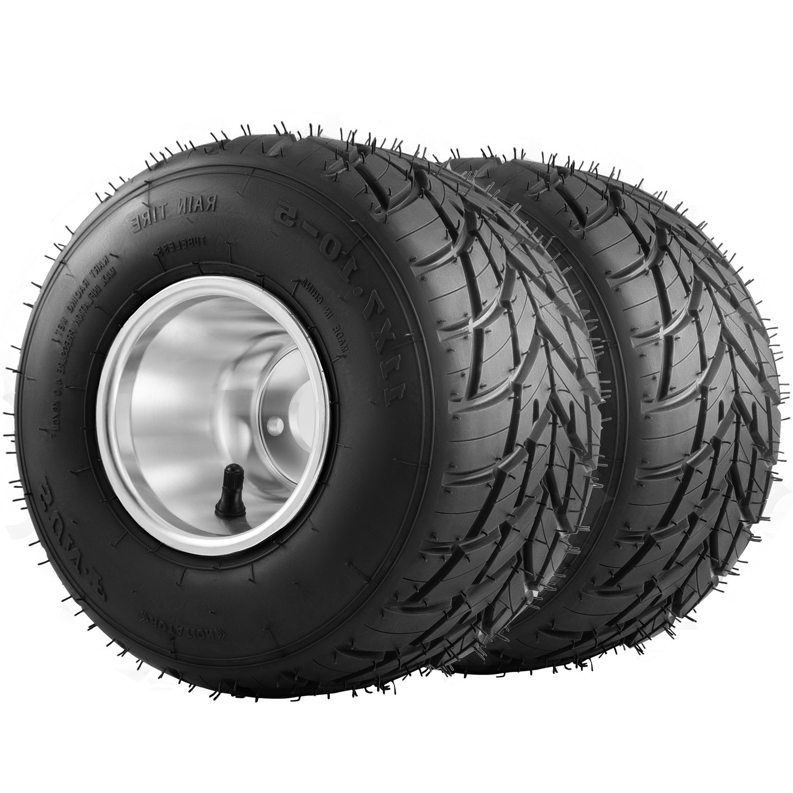 VEVOR go kart tires and rims, black treads with silver rims, set of two.