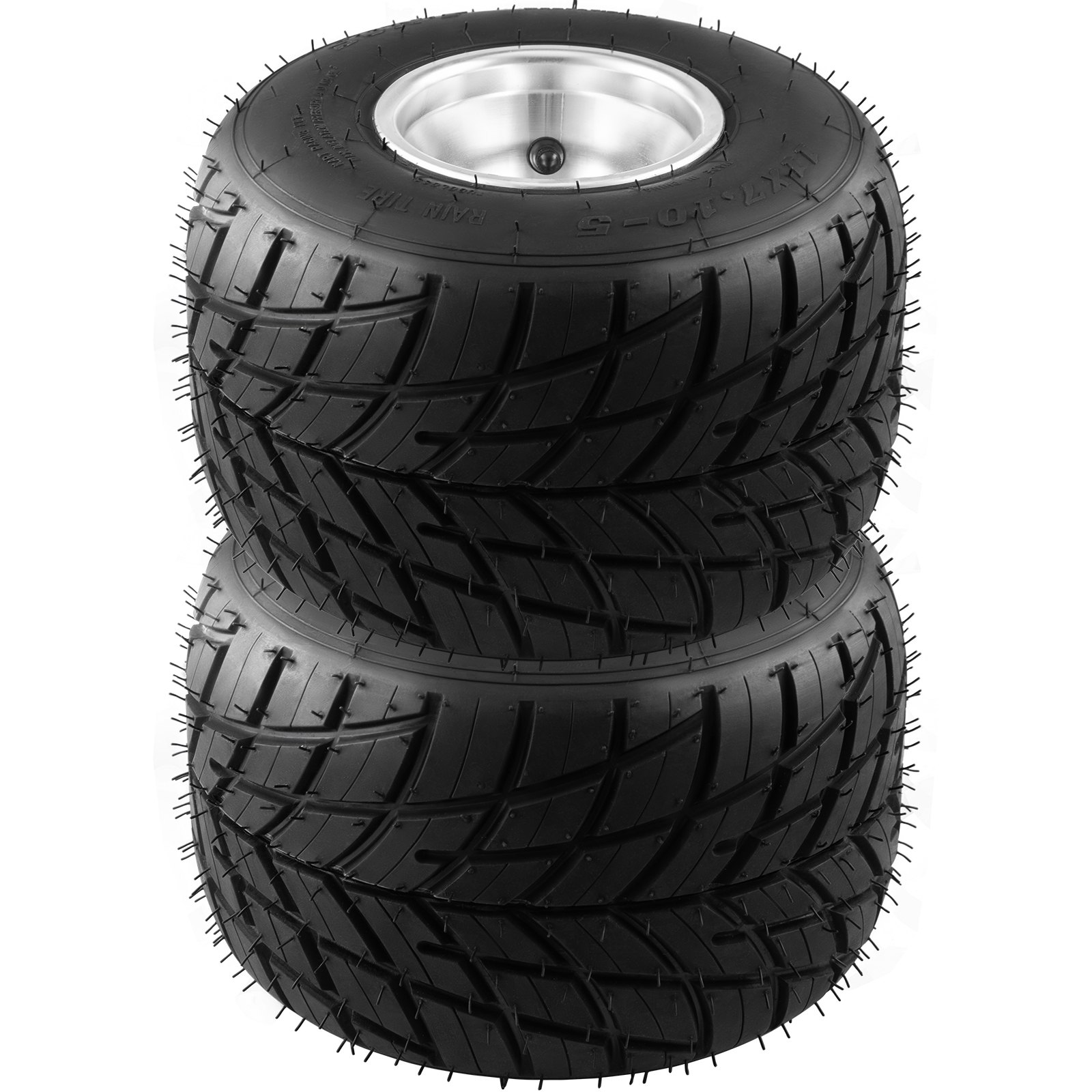black VEVOR go kart tires and rims stacked vertically on a white background.
