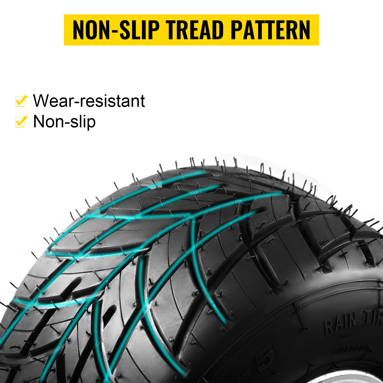 VEVOR go kart tires and rims with non-slip tread, wear-resistant design.