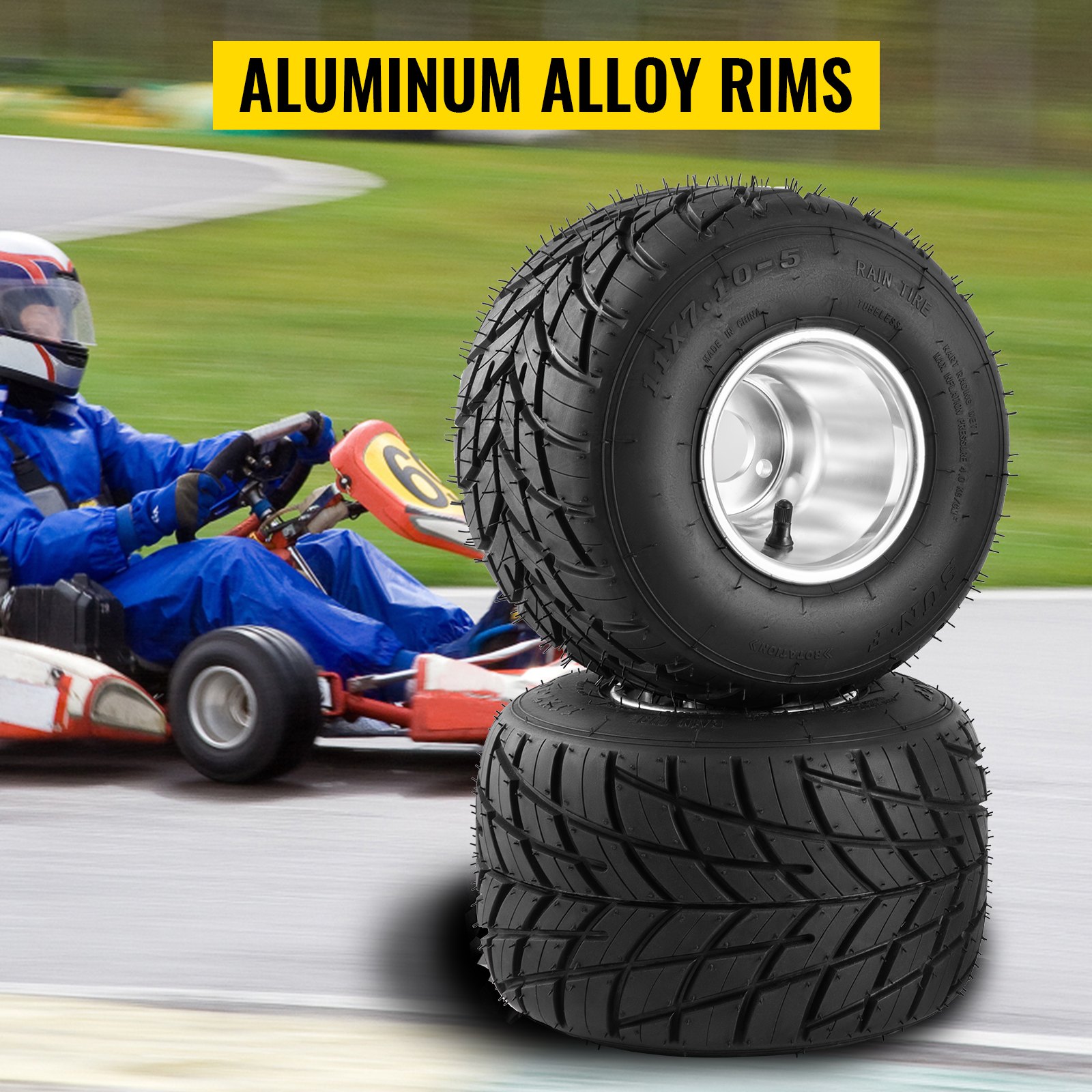 VEVOR go kart tires and rims with aluminum alloy rims on a blurred racetrack background.