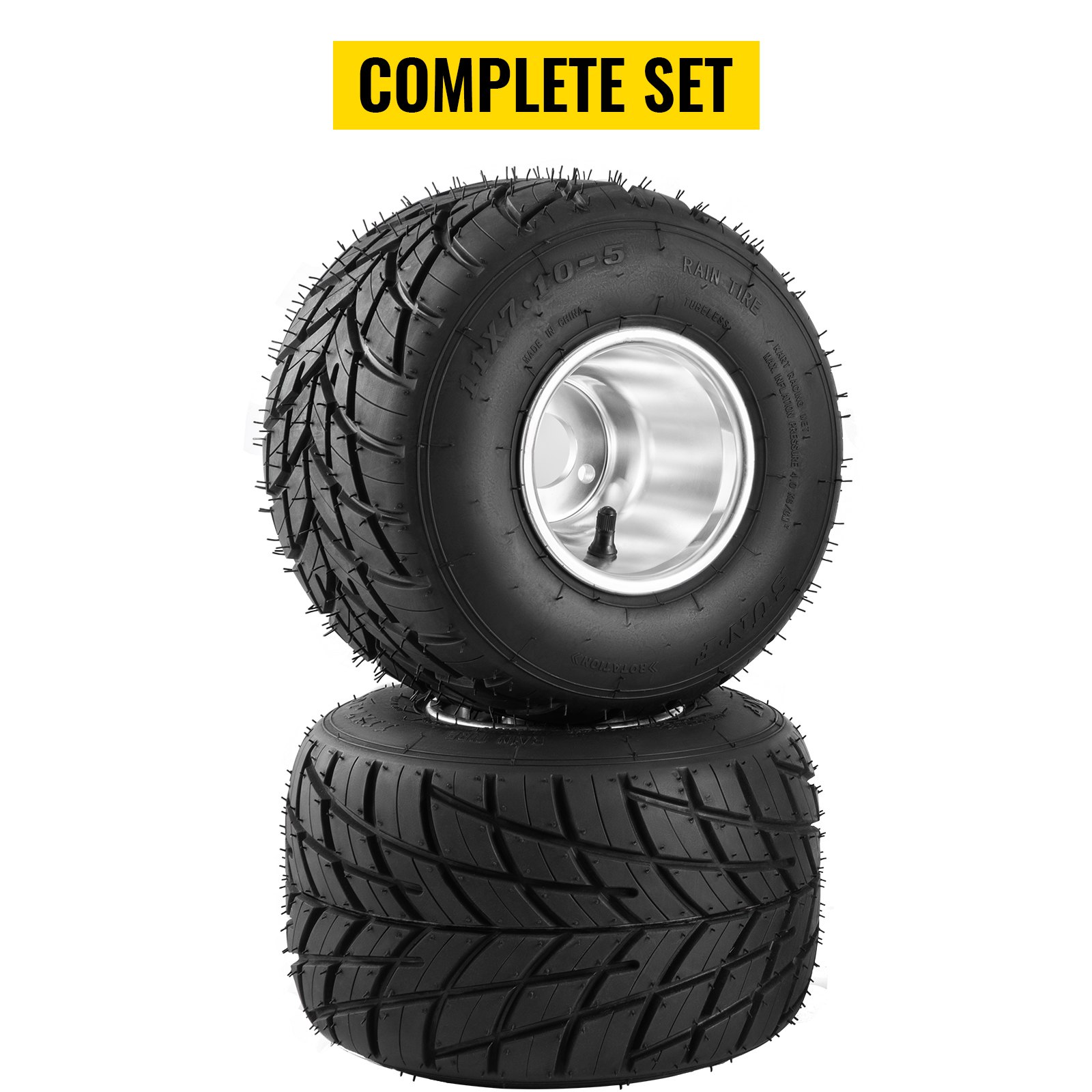 complete set of VEVOR go kart tires and rims with tread pattern.