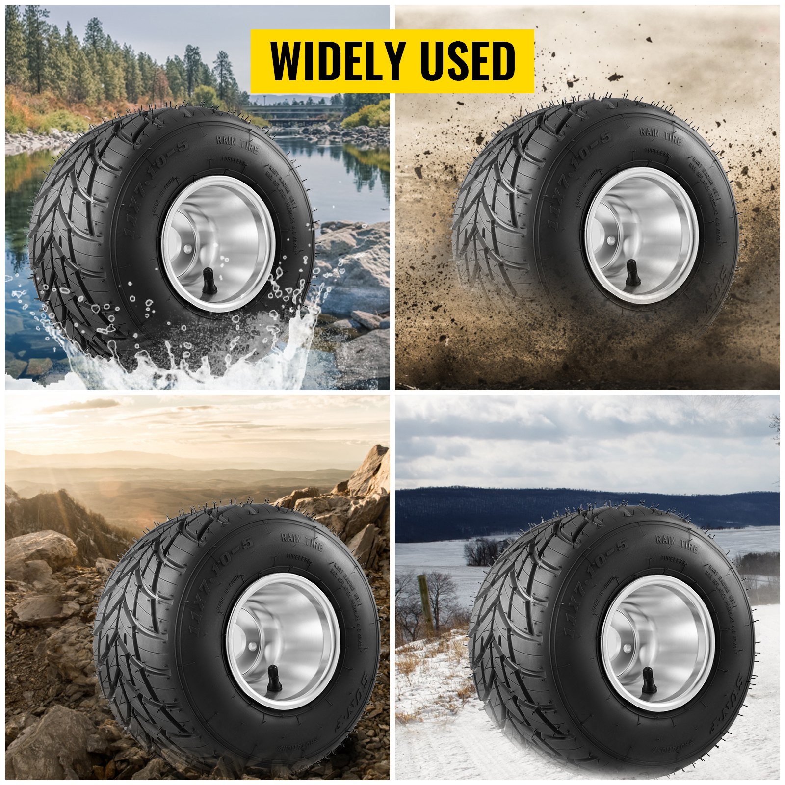 VEVOR go kart tires and rims performing in water, mud, rocky terrain, and snow. widely used.